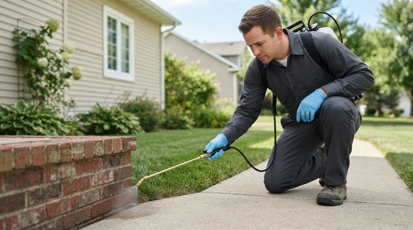 Pest control technician treating a home near East Islip, NY