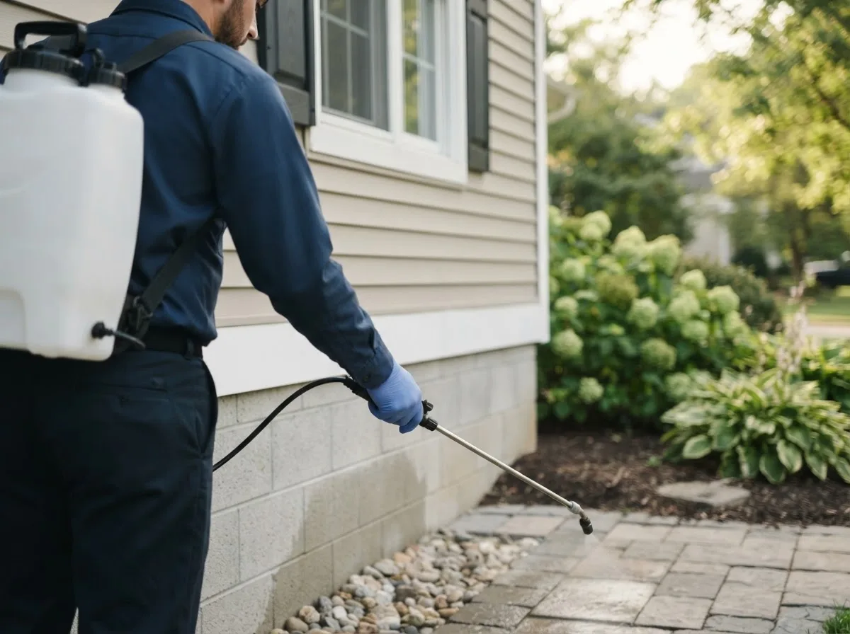 Pest control technician inspecting a home in East Islip, NY